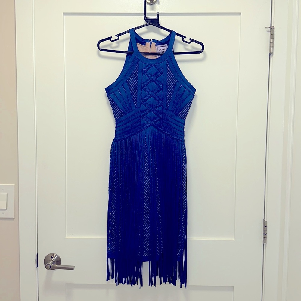 Herve Leger Mahala Plaited Chevron Fringe Dress